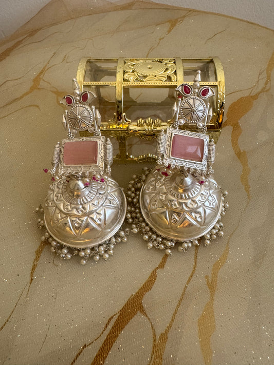 Baby Pink Silver Jhumkies